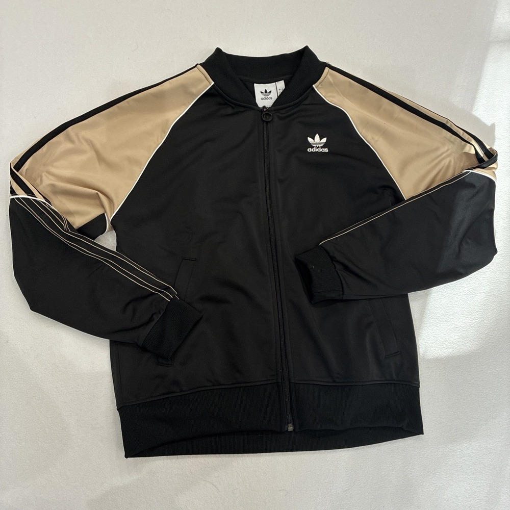 Adidas Track Jacket Mens Teen Small Black Magic Beige Tan Streetwear - Picture 1 of 14